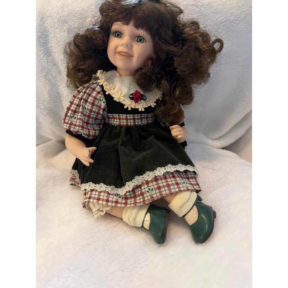 Heritage Heirloom Sitting Porcelain Doll Brunette Curls Plaid Skirt Blue Eyes